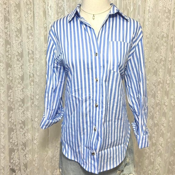 Emerson Tops - Emerson Lang Striped Button Up Collared‎ Shirt Blouse Womens Medium Blue & White